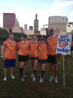 (From left) Rick Lusiak, Allard district manager;  Barbie Barnett; Lisa Victorius; Beth Deloria and her husband, Jim, participated in the Chicago Half Marathon on July 21. Beth goes around the U.S. running and sharing the message to get back up. She is why I have the brace, which changed my life, Barnett said.  |  Submitted